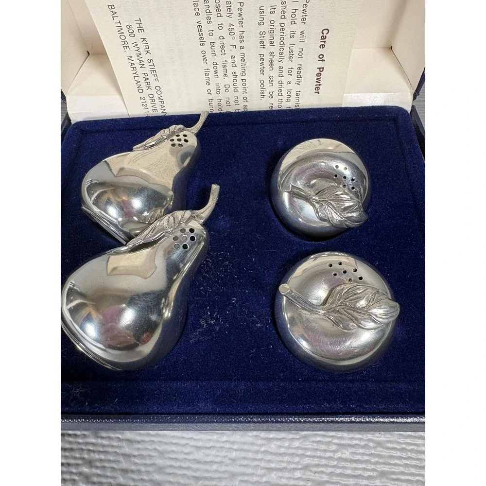 Kirk Stieff Pewter Salt and Pepper Shakers Set‎ Apple Pear 4pc Vintage with Box